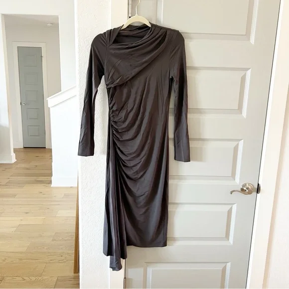 New Revolve Enza Costa Matte Jersey Slash Midi Dress in Dark Pewter - Picture 2 of 5